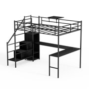 CoSoTower Full Size Metal Loft Bed with L-Shaped Desk, LED Lights, Charging Cradle, LED Loft Bed Frame, Full Size Bed with One Cabinet Wardrobe and 2 Fabric Drawers, Safety Rails and Ladder, Black