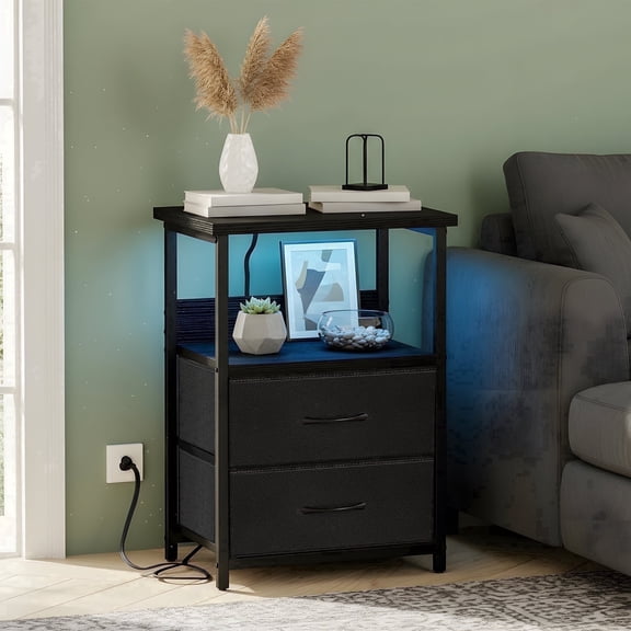 Tomnk LED Nightstand with Charging Station, Bedside Table Night Stand with 2 Fabric Storage Drawers, Black