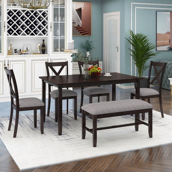 Euroco Farmhouse 6-Piece Dining Table Set, 60" Rectangular Kitchen Table Set with 4 Upholstered Chairs and Bench, Dining Furniture for 6,Espresso