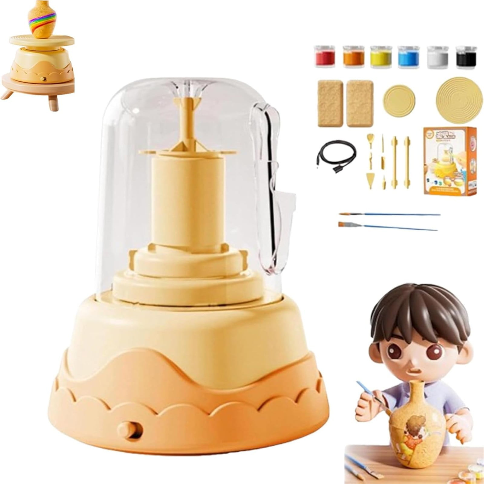 BJBSJSZ Mini Pottery Wheel for Kids - DIY Kids Pottery Wheel Kit, Mini Pottery Wheel Set, Mini Pottery Wheel, Carving Tools and Aprons