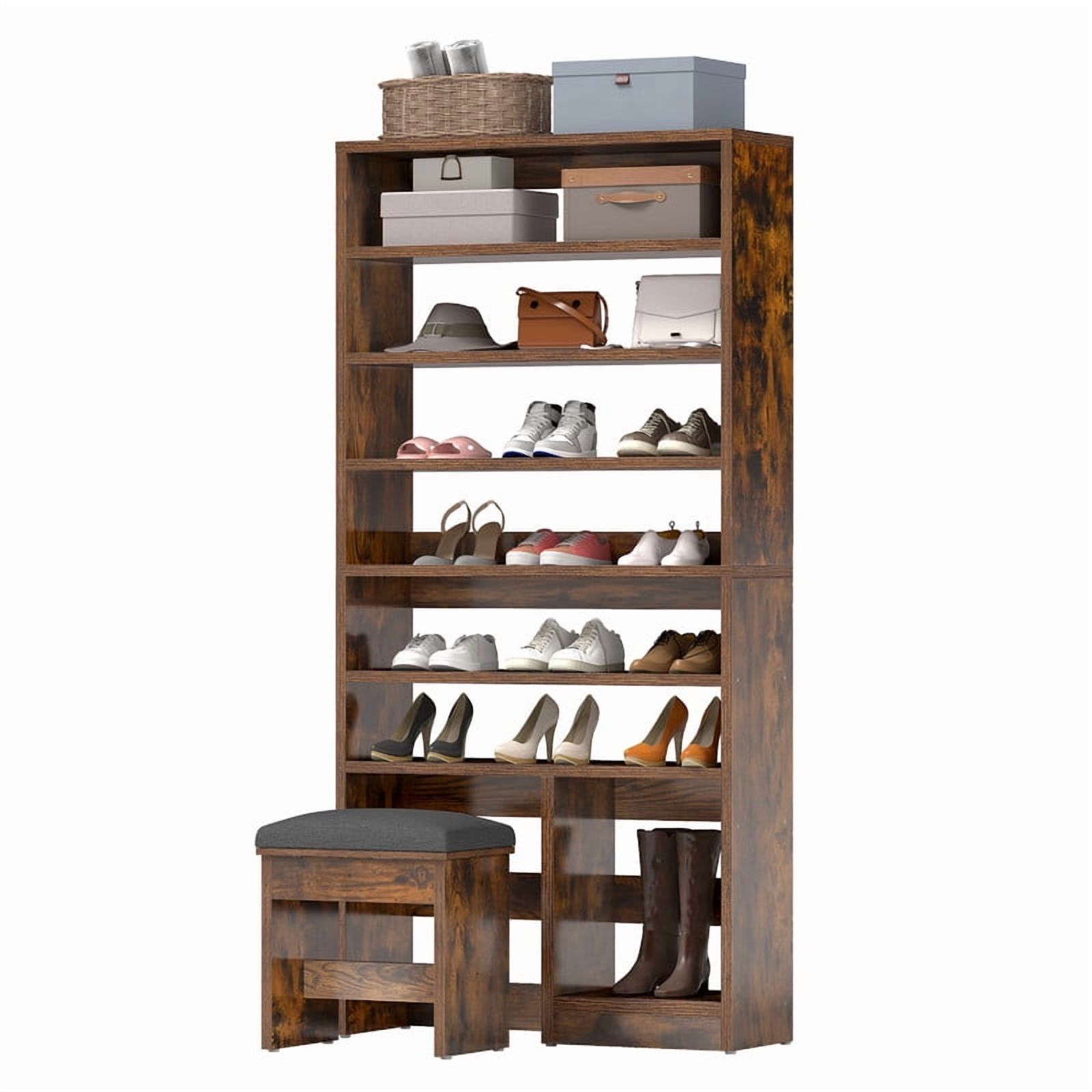 UFORIC 8-Tier Shoe Cabinet with Bench, 70.9" Tall Open Shoe Storage for Entryway, Brown