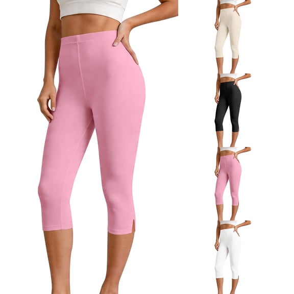 Capri Leggings for Women High Waist Tummy Control Workout Yoga Pants Casual Cropped Tights for Gym Running Pink XXL