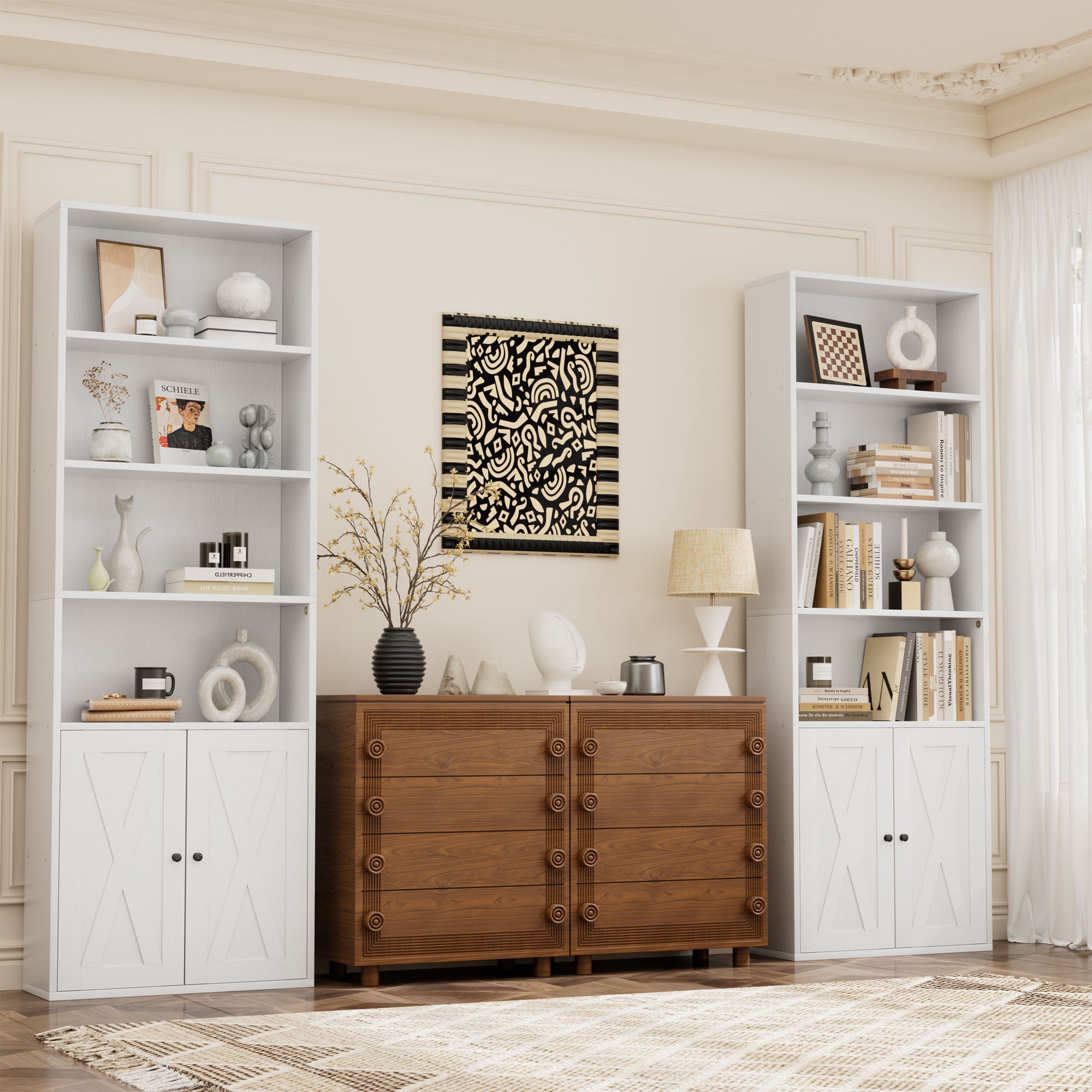 Walsunny Bookcase with Doors, 6-Tier Bookshelf with Storage, Farmhouse Bookshelves with Cabinet, Storage Display Shelf for Living Room Home Office, White