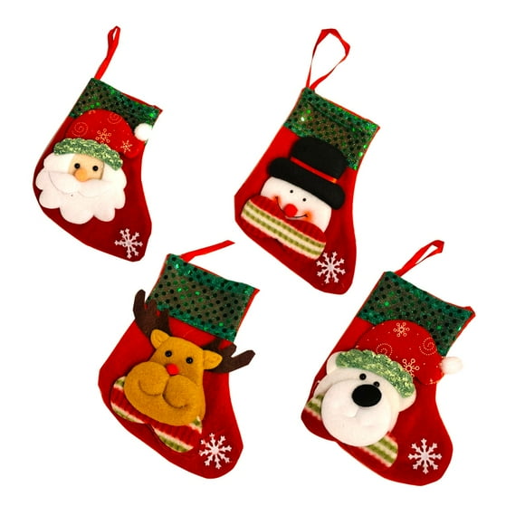 Christmas Joy, Ensemble de 4, Bas à Thème de Noël 3D Cadeau & Bonbons Sac & Vaisselle Ornement Père Noël Renne Bonhomme de Neige, Tinsel, Ensemble de 4