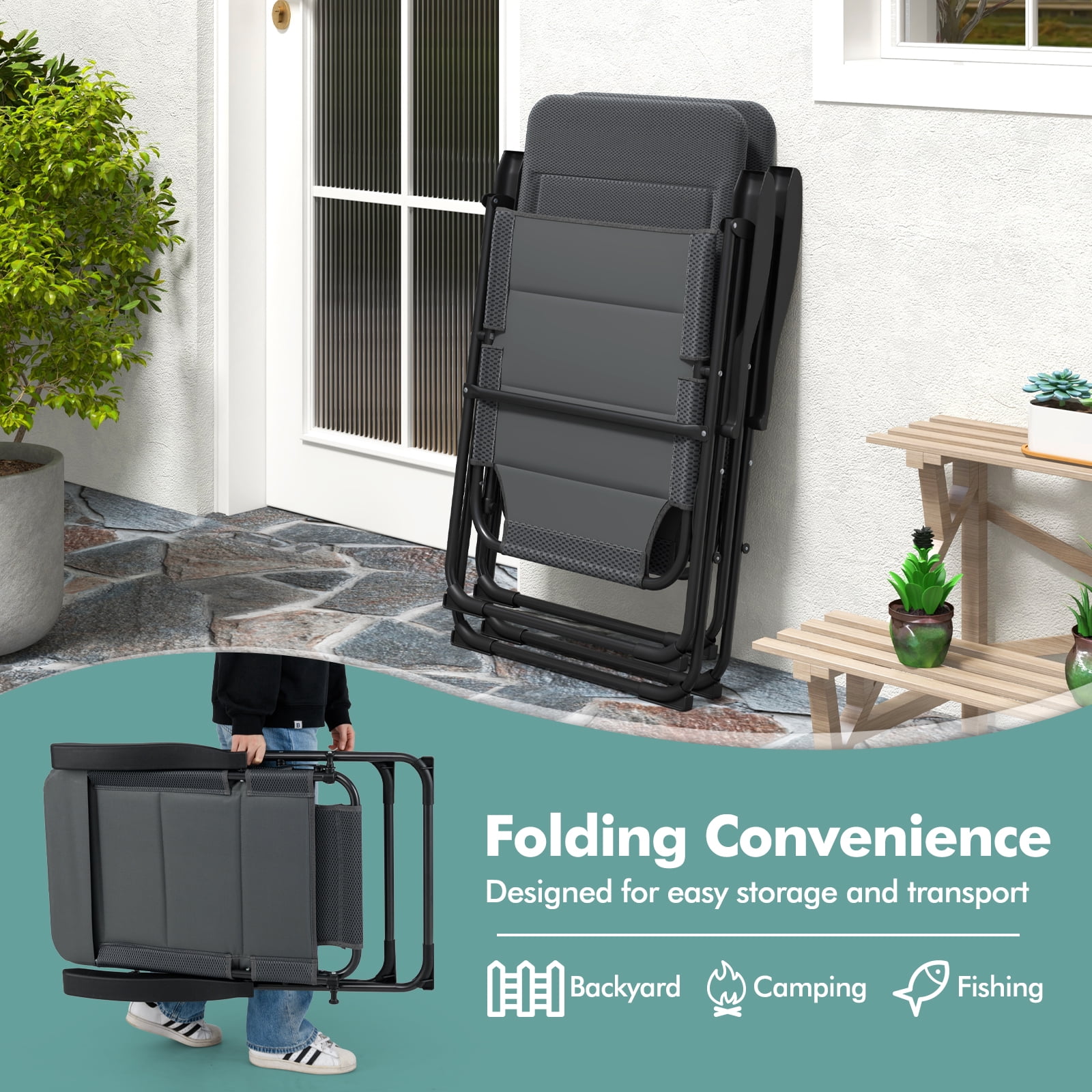 Gymax 2PCS Patio Folding Chairs Back Adjustable Reclining Padded Garden Furniture