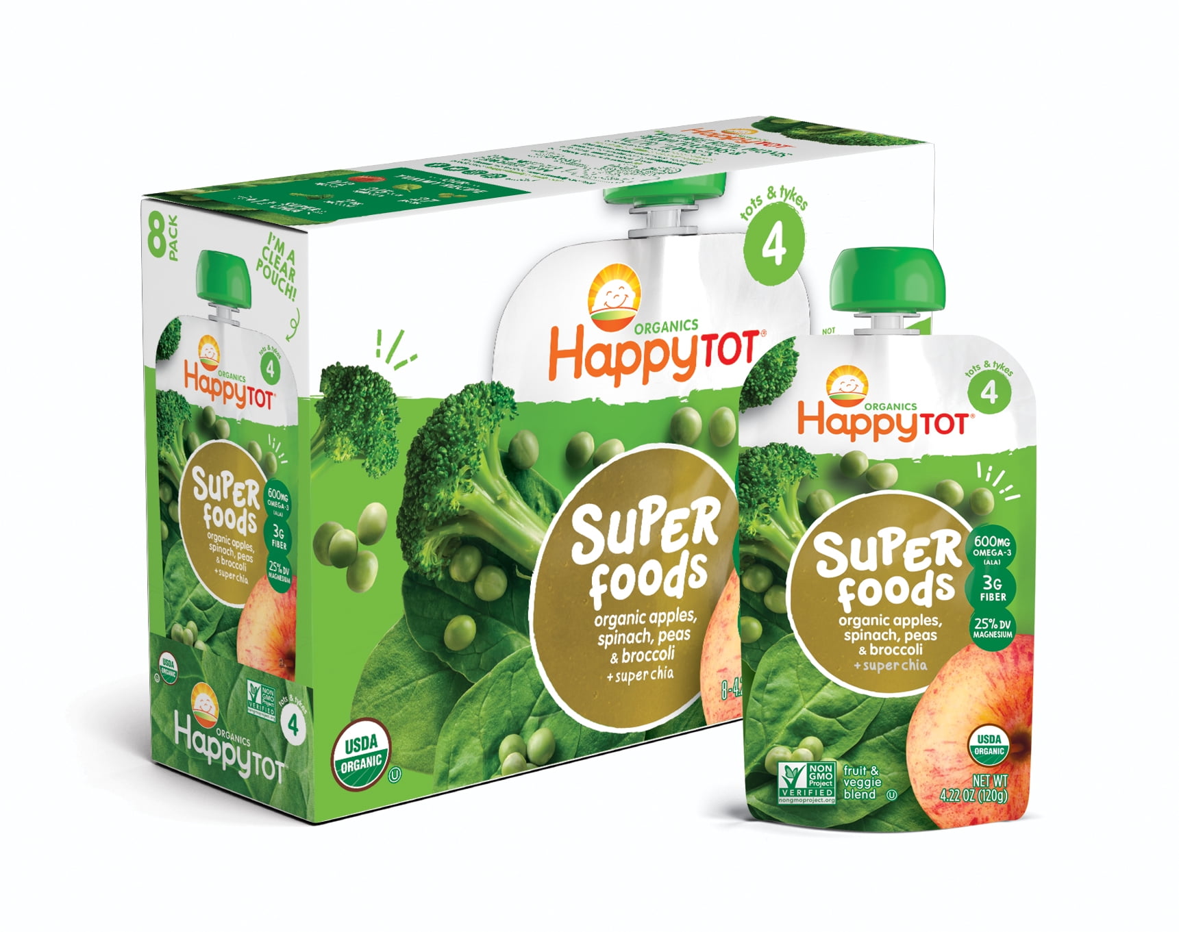 (8 Pouches) Happy Tots Organic Superfood, Broccoli, Spinach, Pea & Apple, 4.22 oz