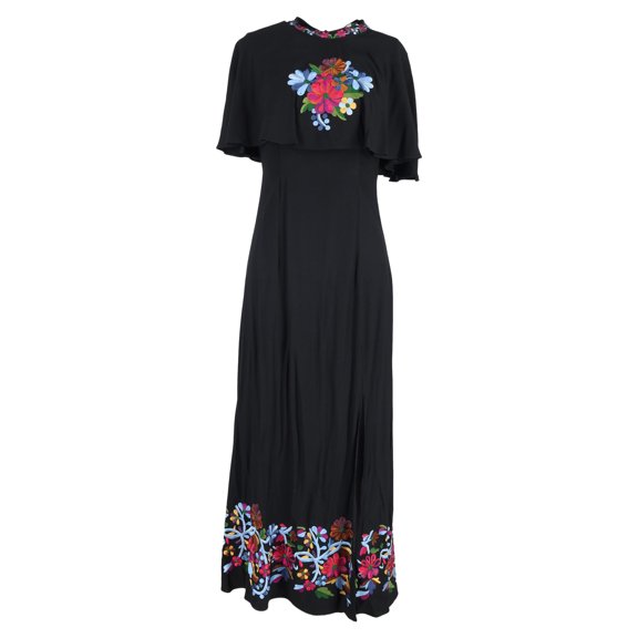 Pre-Owned Rixo Iona Cape-Effect Embroidered Maxi Dress in Black Viscose