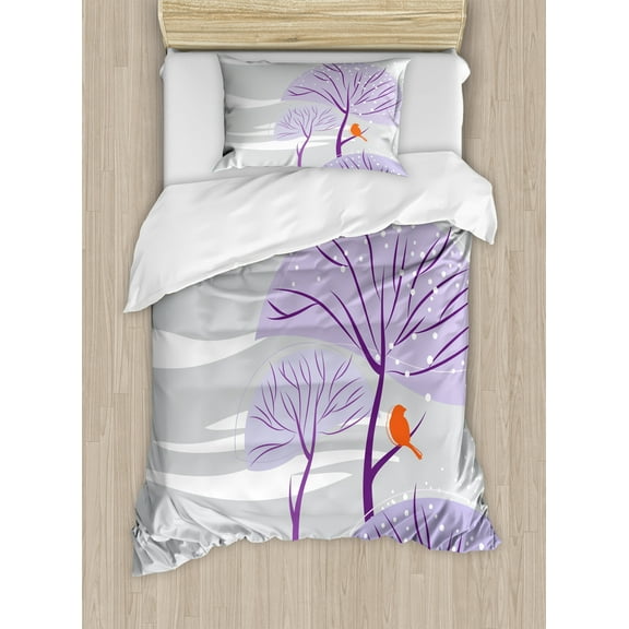 Winter Duvet Cover Set, Cold Season Concept Print of Art Snowy Weather Windy Lines Waving, Decorative 2 Piece Bedding Set with 1 Pillow Shams, Twin Size, Pale Grey Purple and Orange, by Ambesonne