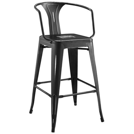 Black Weathered Cottage Pub - Industrial Country Cottage Farm Beach House Bar Pub and Dining Kitchen Bar Side Stool Chair, Metal Steel, Black