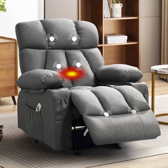 JMYMRY Soft Fabric Massage Heating Rocking Recliner Chair with USB Port, 4 Storage Pockets & 2 Cup Holders for Living Room, Grey
