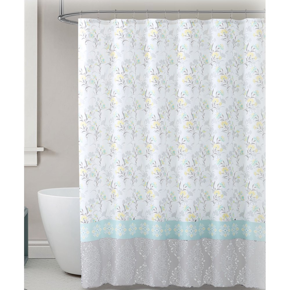 Fabric Shower Curtain for Bathroom Gray Yellow and Light Blue Floral