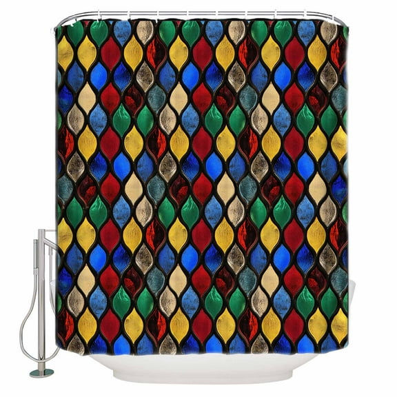 72x78 Inch Shower Curtain Morocco Plaid Bathroom Decor Waterproof Fabric Bathtub Bath Curtains Decorative Rainbow Stained Glass Geometric Stripe Extra Long Shower Curtain Set with Hooks