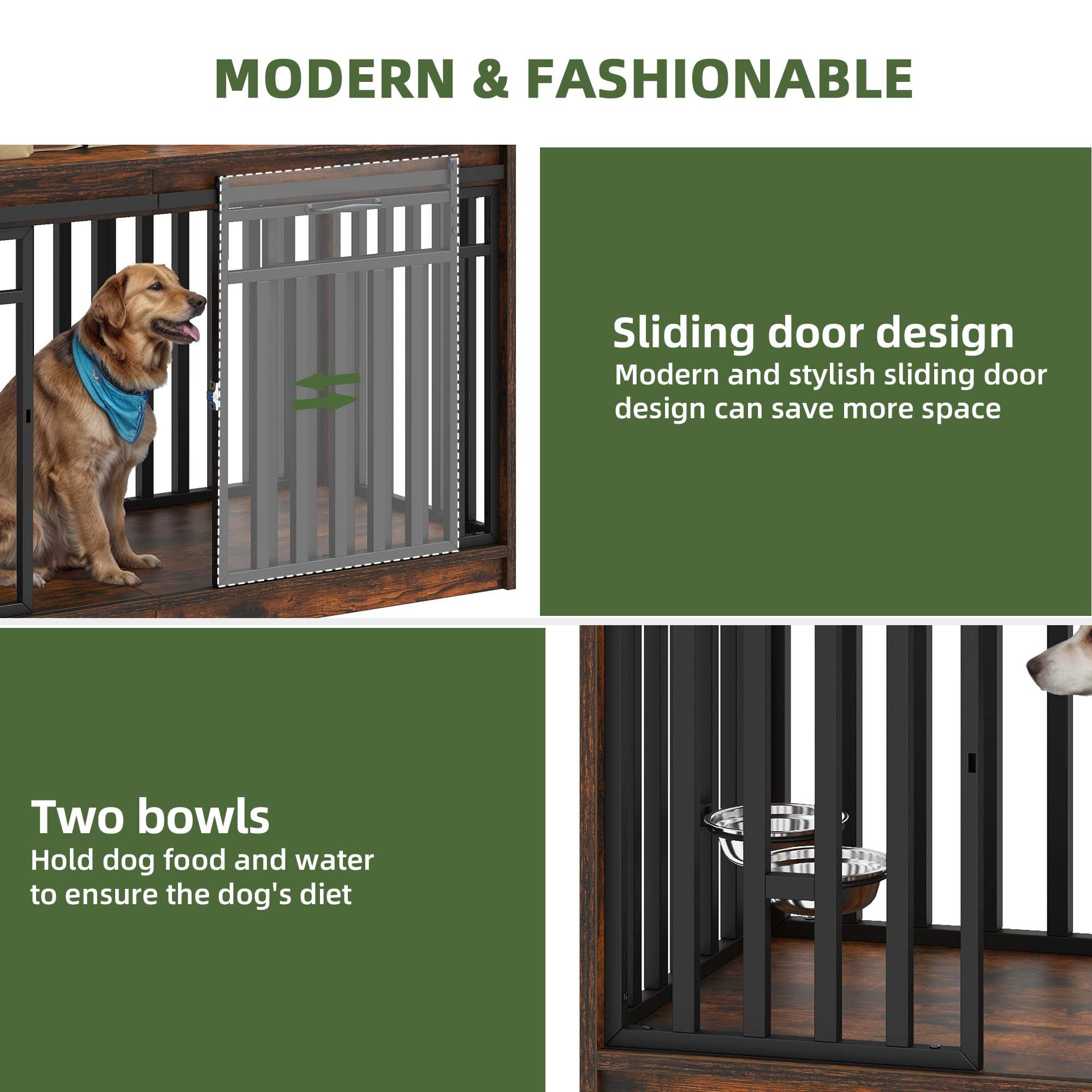 Uforic 55.1 Inch Large Dog Crate Furniture, Heavy Duty Wood Dog Kennel,Dog Cage with Sliding Doors, 2 Dog Bowl for Extra Large Dogs,Medium Dogs - Rustic Brown