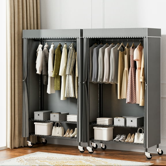 2PK Clothes Rack 300 lbs Rolling Heavy Duty Clothing Rack with Gray Dust Cover, Freestanding Garment Rack with 2-Tier Storage Shelf Wheels Hanging Rod Cover, 35.4"x17"x72.4"