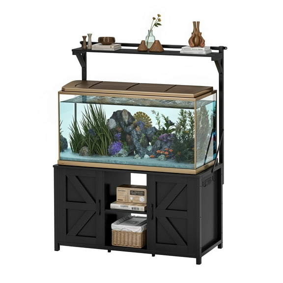 ModFusion Black Aquarium Stand for Tanks up to 120 Gallons – Heavy Duty Metal Frame with 1,100 lbs Capacity, Storage Cabinets, Power Strip, Hooks & Top Shelf