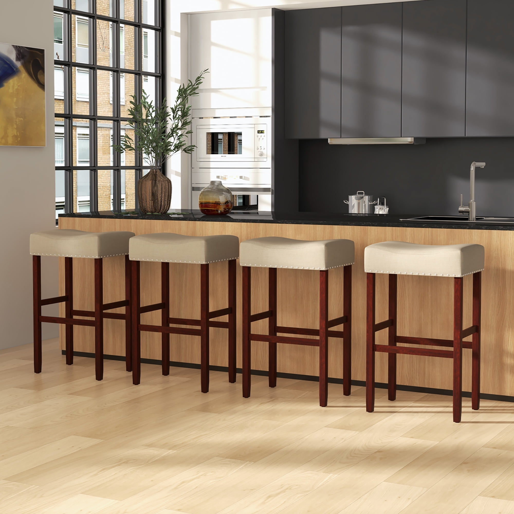 Costway Set of 2 Bar Stools Bar Height Saddle Kitchen Chairs with Wooden Legs Beige