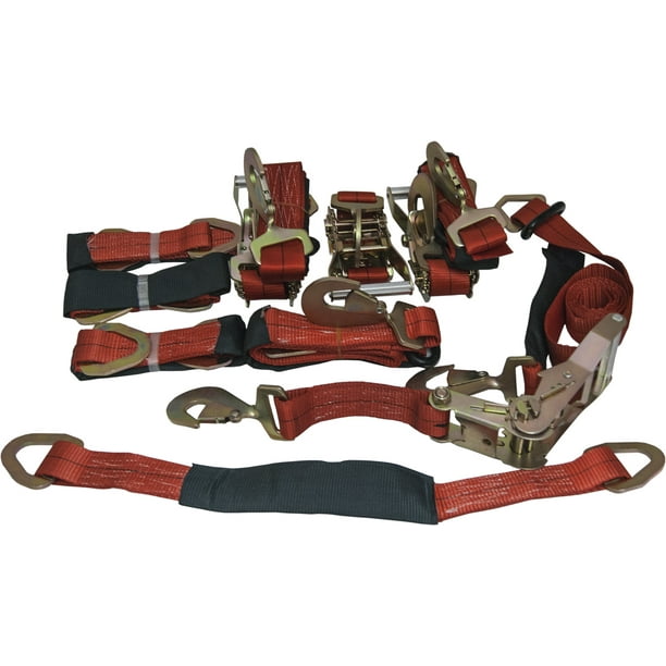 4 Axle Strap Tie Downs 24" Long and 4 Ratchet Tow Straps Car Haulers