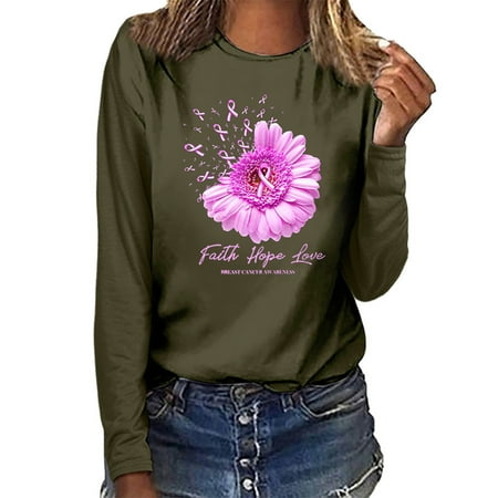 BELLZELY Breast Cancer Awareness Clearance Women Breast Top Casual Long Sleeve Sweatshirt Pullover Blouse