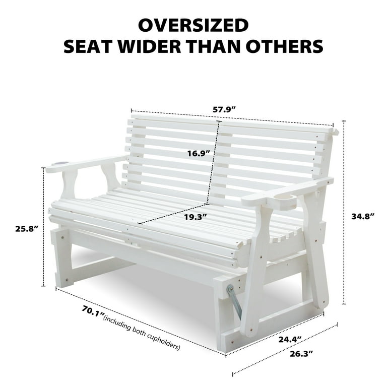 Beneouya Outdoor Porch Glider Rocking Bench with High Roll Back 5FT Heavy Duty 800 LBS Wooden Patio Glider Chair White