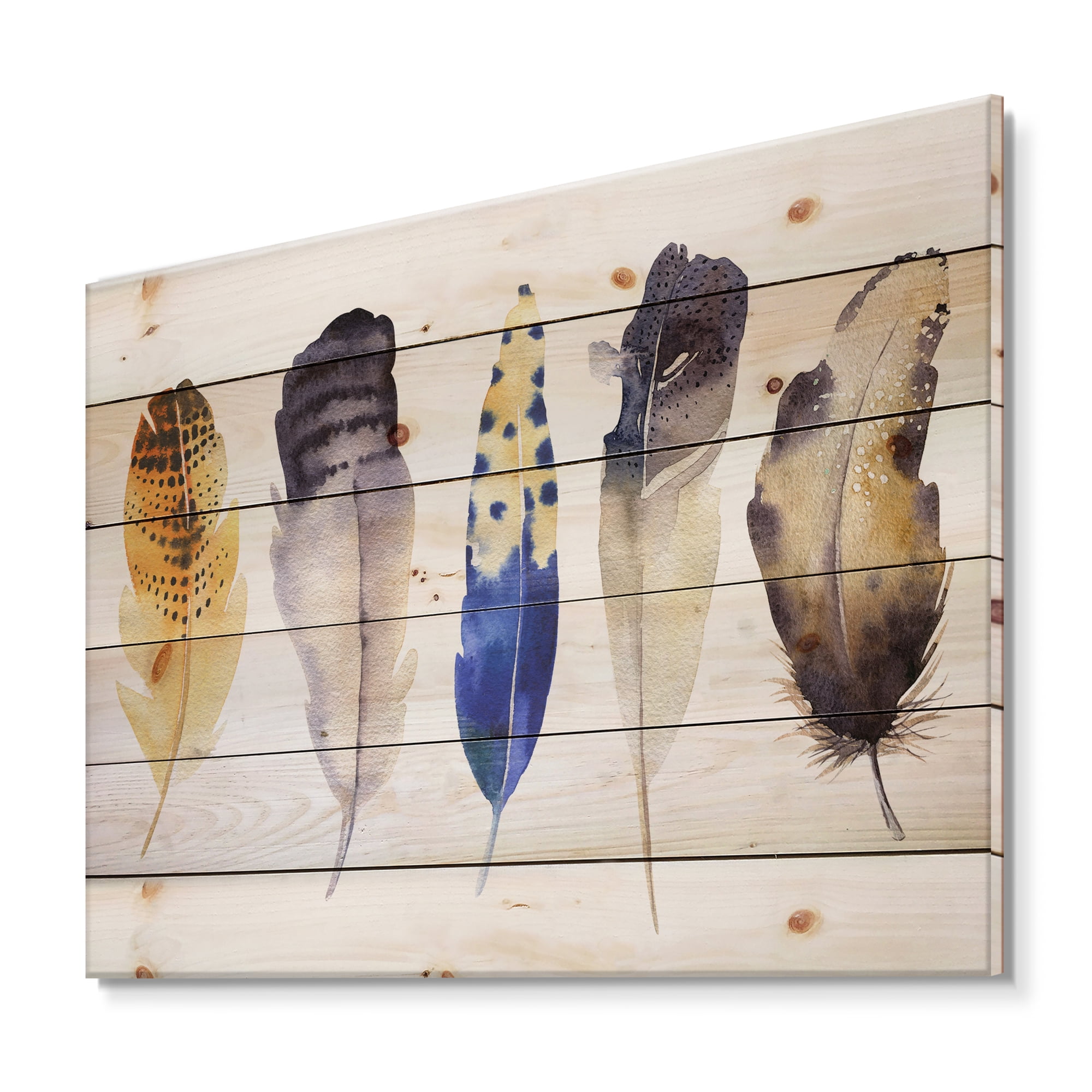 Designart 'Colourful Boho Art Feather Set I' Bohemian & Eclectic Print on Natural Pine Wood