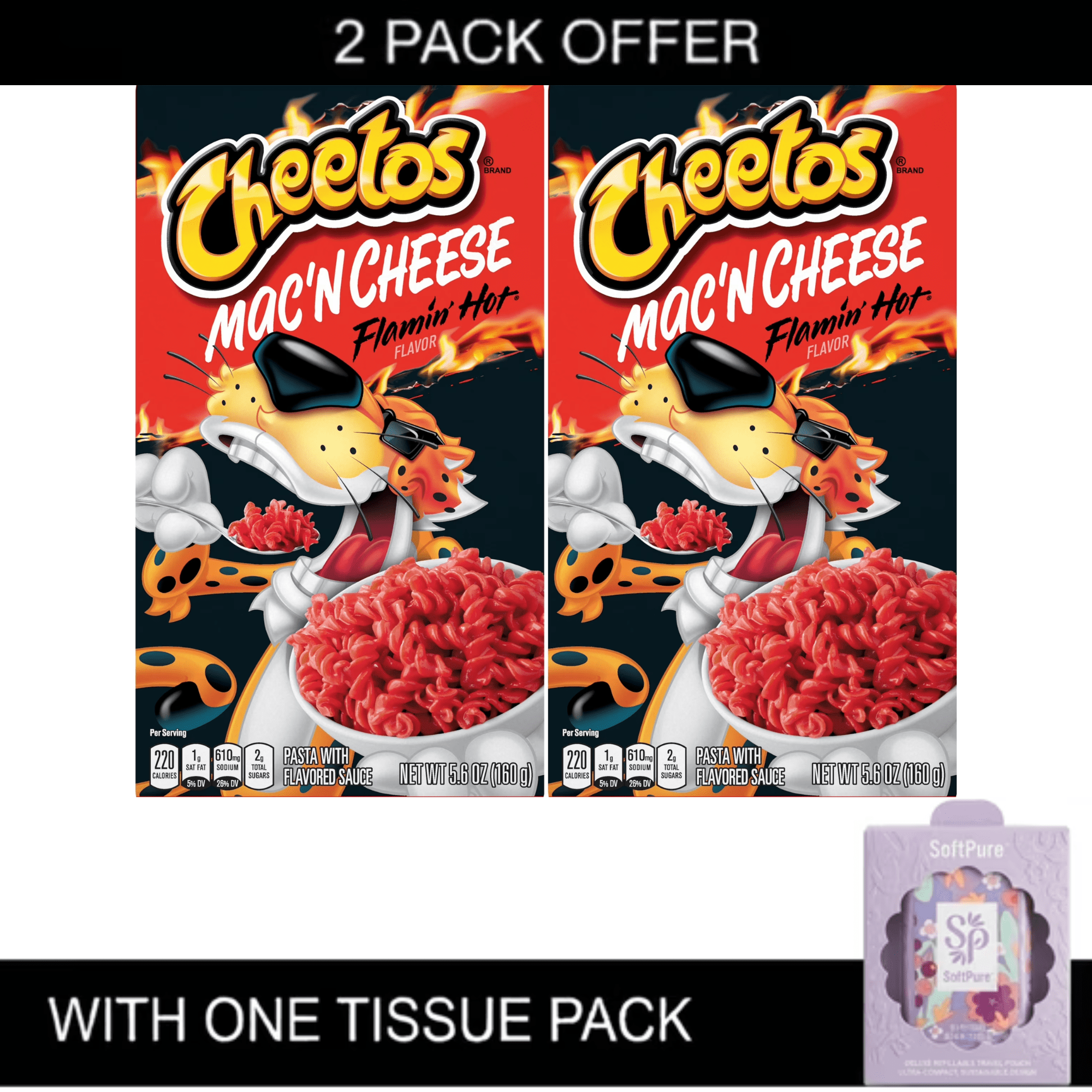 2x |Cheetos Mac 'N Cheese, Flamin' Hot Flavor, 5.9 oz Boxes with Tissue Pack