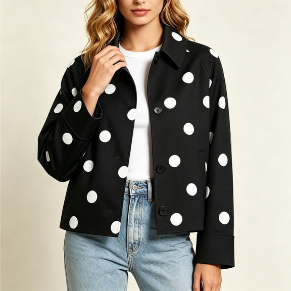 IUYRTFE Women's Polka Dot Zip Up Jacket with Lapel Collar and Pockets Casual Lightweight Cropped Outerwear