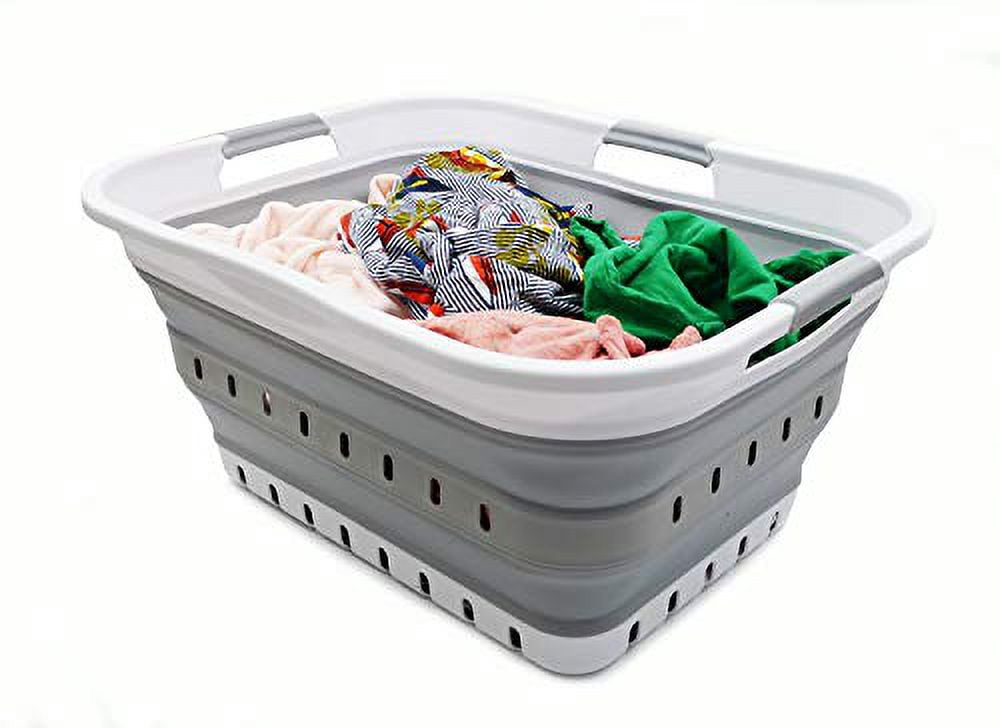 SAMMART 42L (11 gallon) Collapsible Plastic Laundry Basket - Foldable Pop Up Storage Container/Organizer - Space Saving Hamper/Basket (1, White/Grey) C29