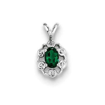 - 925 Sterling Silver Created Emerald and Diamond 4-Prong Oval Cut Charm Pendant - 9x15MM