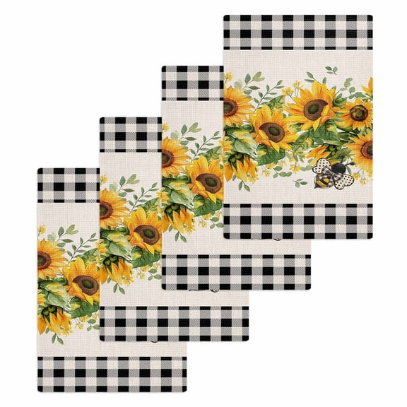 Sunflower Kitchen Dish Towels for Drying Dishes Set of 4, Summer Botanical Bee Rustic Black Plaid Waffle Weave Microfiber Hand Tea Bathroom Towels Quick Dry & Absorbent Towel 15.7x23.6