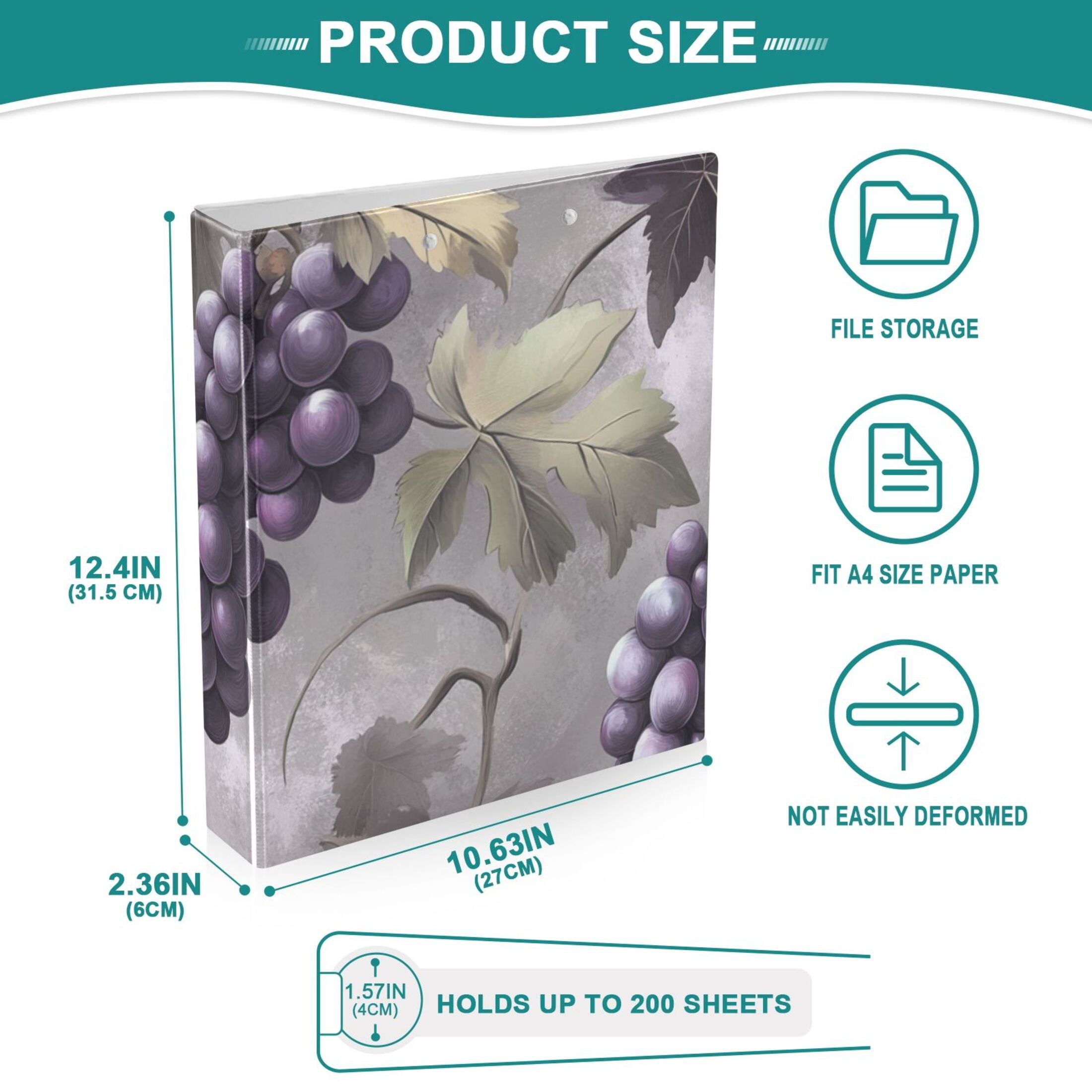 Grapes Leaves 3 Ring Binders 1.5 inch Hardcover File Folders with Interior Pockets A4 Size Organizer for School Office Hospital