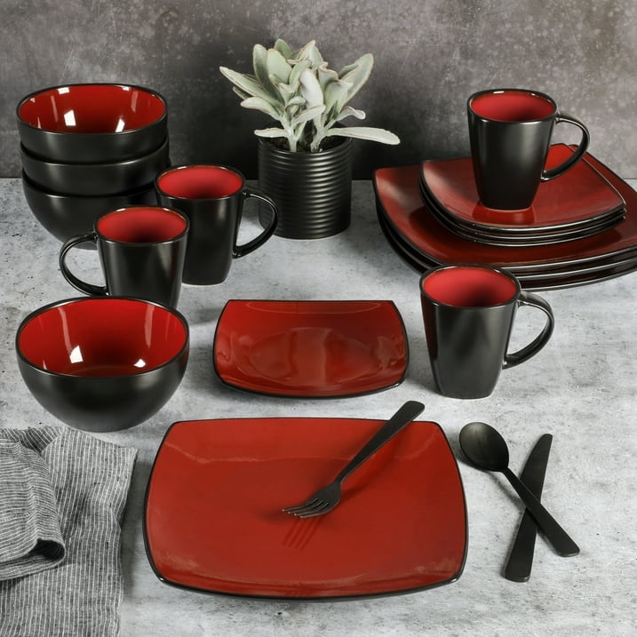 Gibson Soho Lounge 16-Piece Square Stoneware Dinnerware Set in Red – Modern Red and Black Dish Set for Stylish Dining, Microwave & Dishwasher Safe