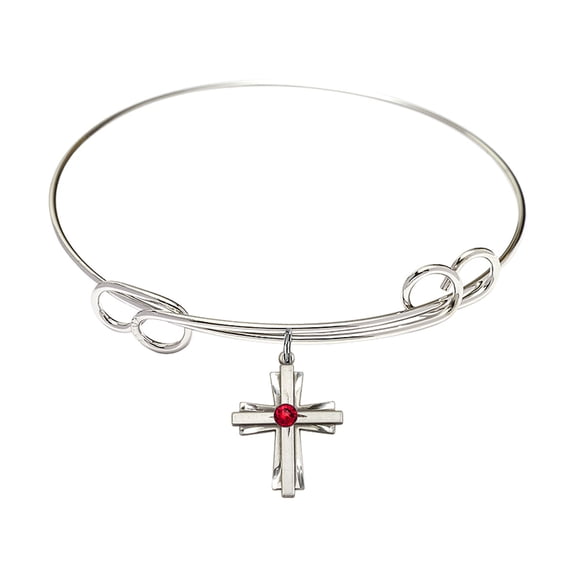 7 1/2 inch Round Double Loop Bangle Bracelet w/ Cross medal charm w/ July Red Swarovski Crystal