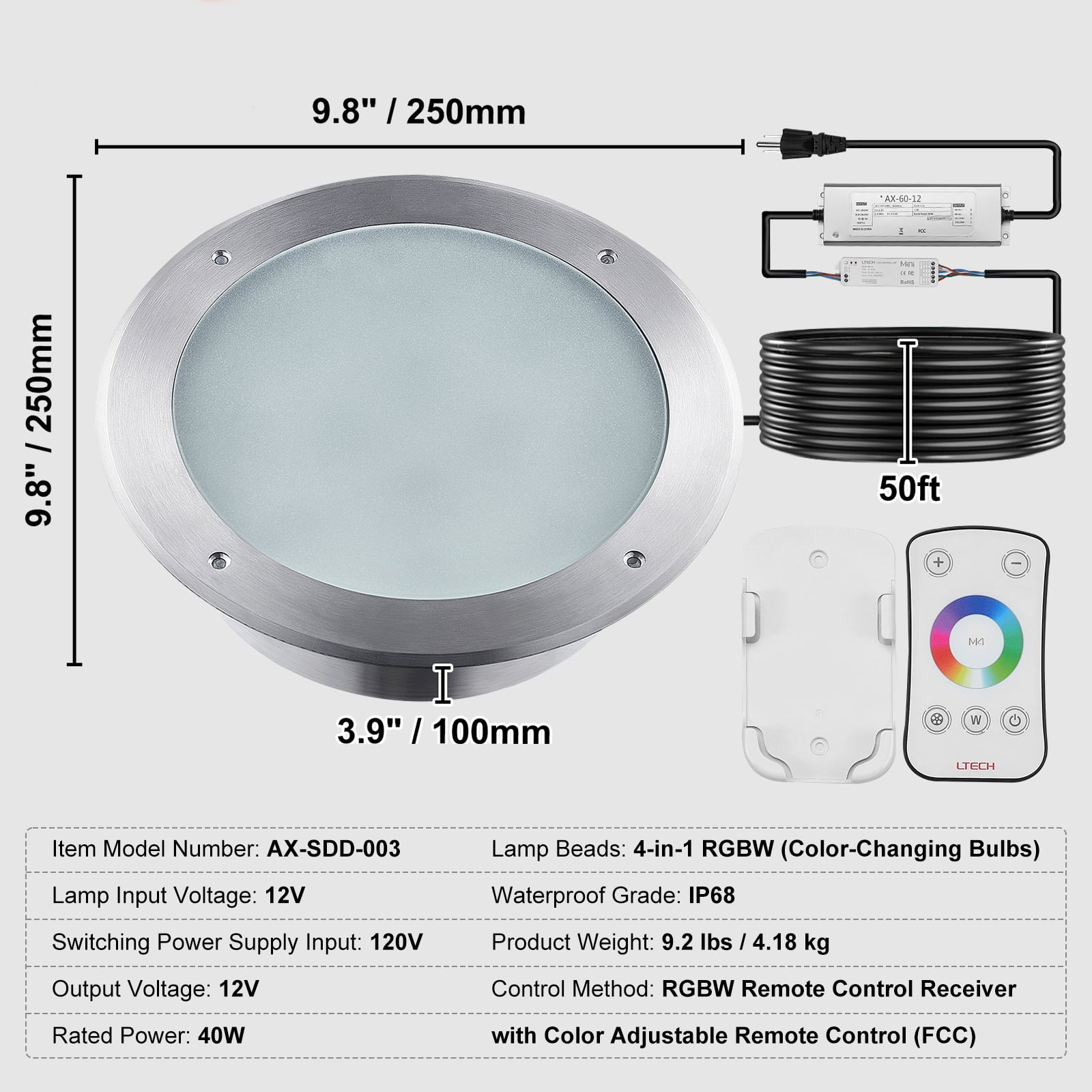 KFFKFF 10 inch LED Pool Light, 40W, Multicolor Inground Pool and Spa Light Subaqueous, 50ft Cord and Remote Command for 10in Spacious Wet Niches, IP68 Waterproof, 120V