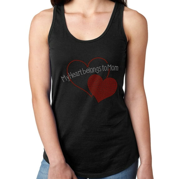 Womens T-Shirt Rhinestone Bling Black Tee My Red Heart Belongs to Mom Tank Racer Back Small