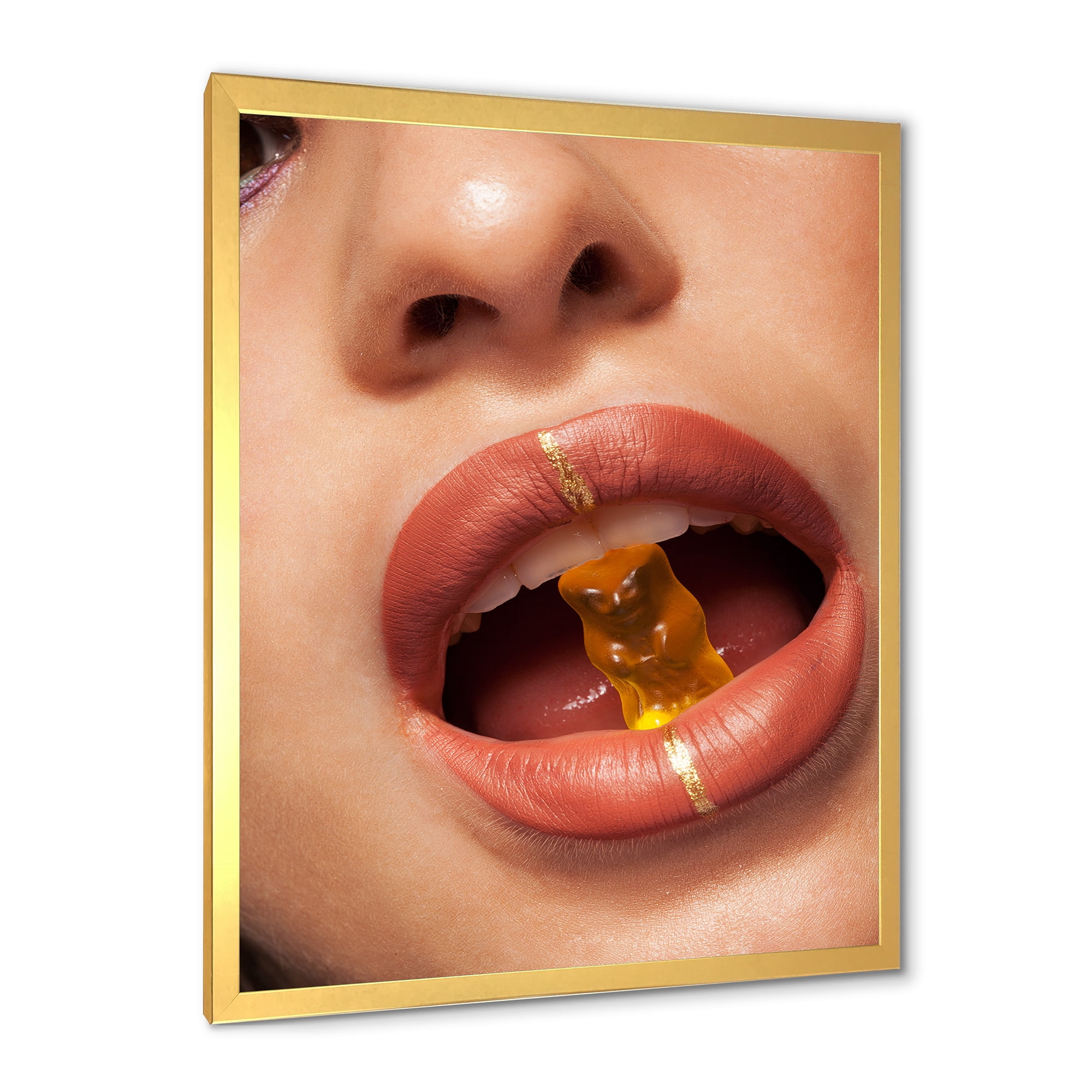 Designart 'Close Up VIew of Female Lips Biting Gummy Bear' Modern Framed Art Print