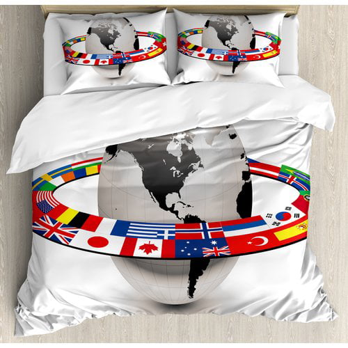 World Warm 3 Piece Bedding Set,Earth Planet with Orbit Made from National Flags International Composition Countries Decorative for Room,Twin