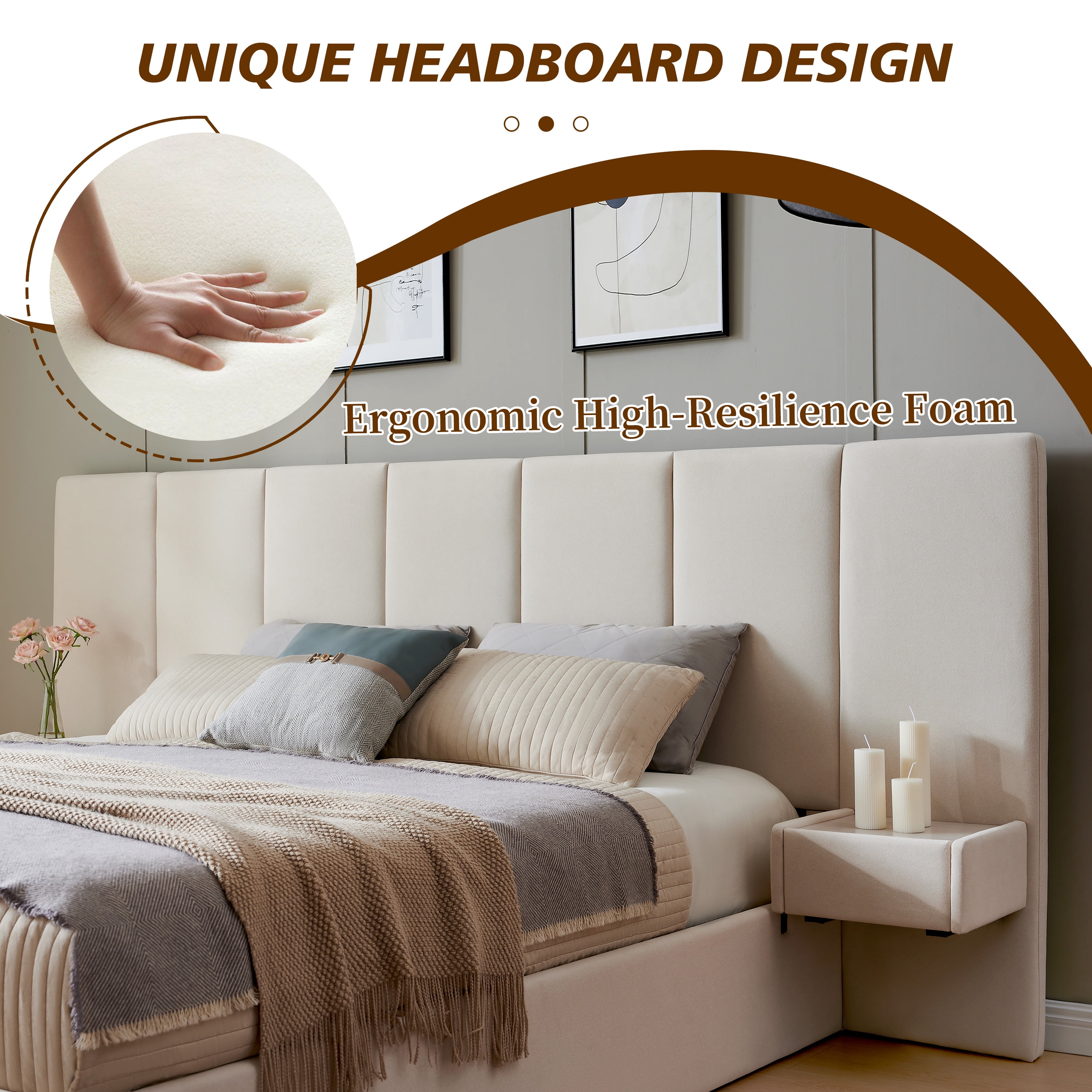 Upholstered Lift Storage Bed Frame with Velvet Headboard, 2 Drawers & 9.6" Under-Bed Storage, King Sizes in Beige, No Box Spring Needed, Ergonomic Design for Ultimate Comfort