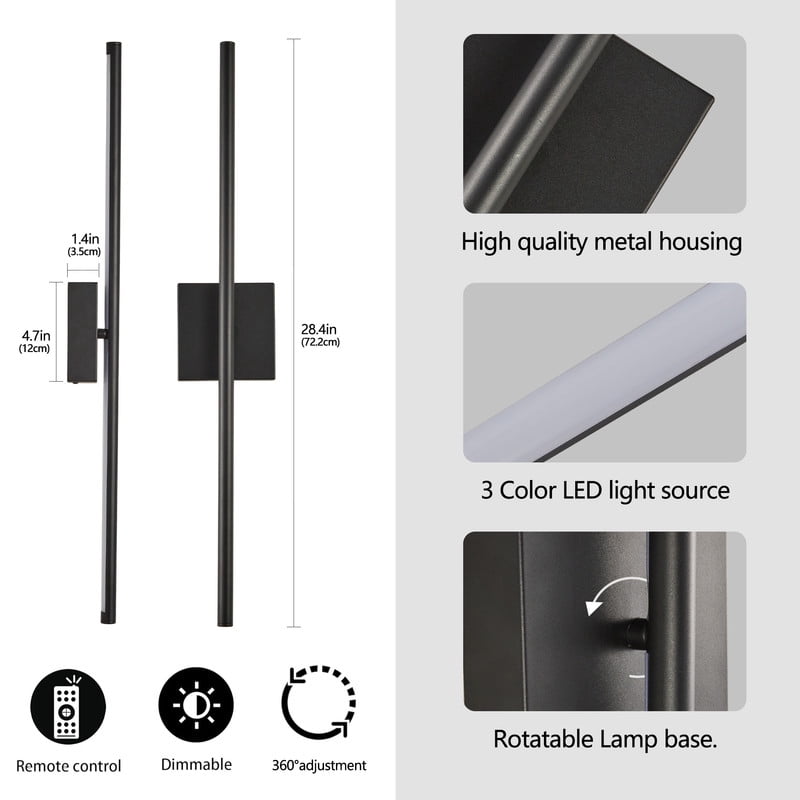 28" 2-Pack Modern LED Wall Sconce Light Fixtures, Matte Black, Dimmable Wall-Mounted Up and Down Indoor Lights with Remote, Hardwired, for Living Room, Bedroom, Hallway, Hotel, Home Decor