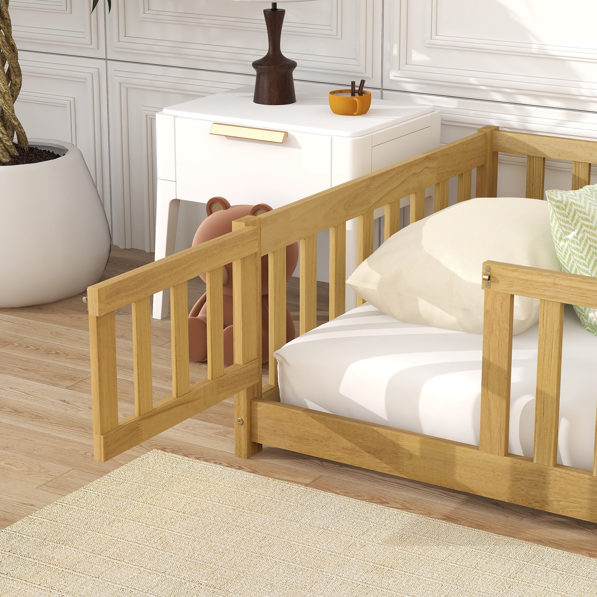 Sesslife Twin Size Floor Bed with Door and Fence, Wood Floor Platform Bed with Slats, Toddler Bed for Kids Boys Girls, Montessori Bed, No Box Spring Needed, Natural