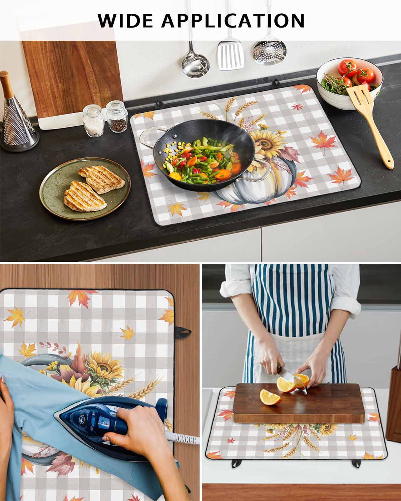 Large Induction Cooktop Protector Mat Thanksgiving Stove Top Covers for Electric Stove, Fall White Pumpkin Sunflowers Maple Leaf Plaid Decorative Stove Burner Cover Mats, Glass Top Stove Cover