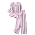 thumbnail image 5 of Women's Summer Linen Two Piece Outfits, Loose Embroidered Top Wide Leg Pants With Pockets Fashion Casual Daily Streetwear Comfort Set, 5 of 5