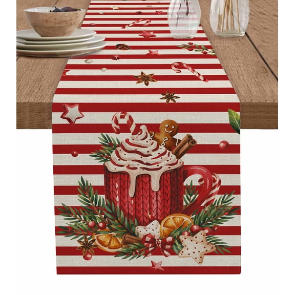 ERUNPONLY Christmas Table Runner - 72 Inch Long Xmas Ice Cream Pine Leaves Red Beige Striped Cotton and Linen Blended Dress Scarves Farmhouse Table Runner for Kitchen Dining, Coffee Table, 18"x72"