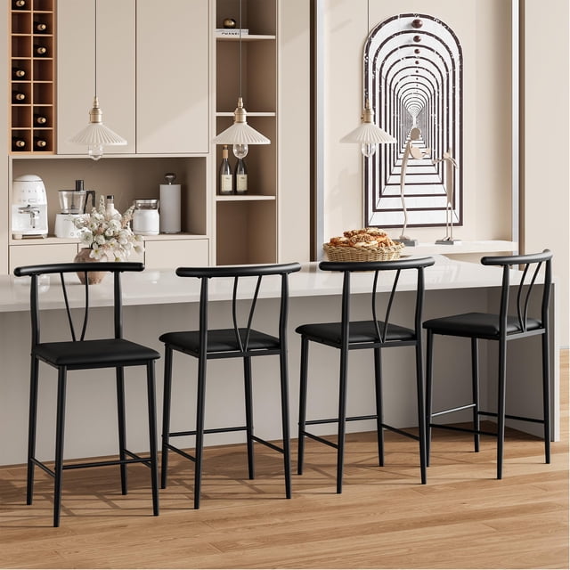 QinaQin Bancos altos de 25 pulgadas con respaldo, asiento tapizado en piel sintética y patas metálicas, ideales para cocina, cafetería o comedor