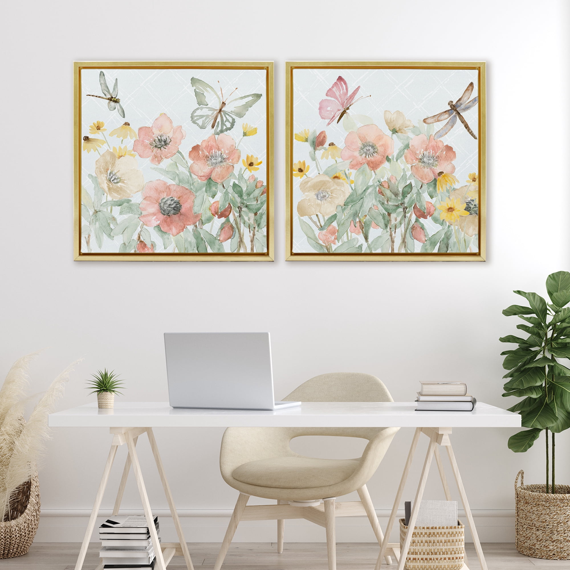 Stupell Industries Delicate Garden Joy 2 Piece Gold Framed Floater Canvas Set, design by Lanie Loreth