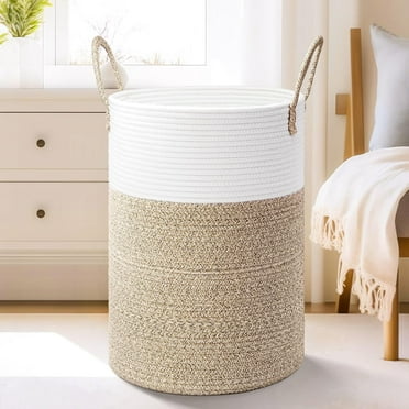 TEAFIRST 60L Laundry Hamper, Woven Cotton Rope Large Capacity Laundry Hamper Handles for Bathroom