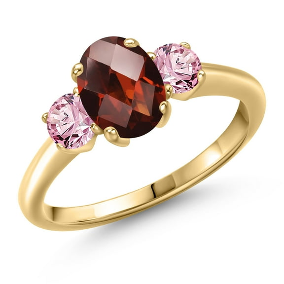 Gem Stone King 10K Yellow Gold Red Garnet and Pink Lab Grown Diamond Engagement Ring for Women | 2.03 Cttw | Oval Checkerboard 8X6MM | Gemstone January Birthstone | Size 8