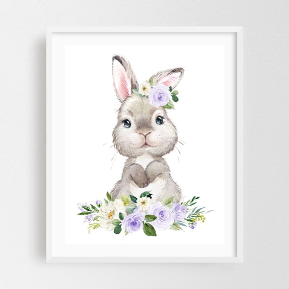 Cute Bunny, Rabbit, Forest Animals, Woodland Animals, Boho, Purple Flowers, Gender Neutral Nursery - Illustration Watercolor Floral Animal Whimsical White Framed Wall Art Print 6 x 8 inches
