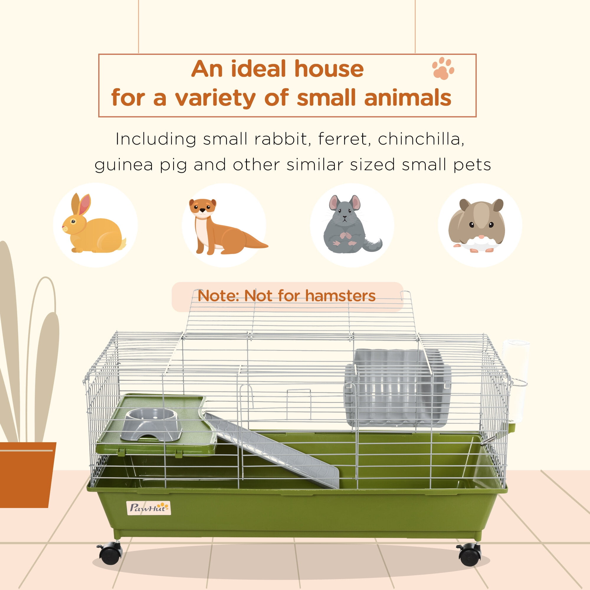 Dog Crate, PawHut 35"L Small Animal Cage, Rolling Bunny Cage, Guinea Pig Cage with Food Dish, Water Bottle, Hay Feeder, Platform, Ramp for Ferret Chinchilla, Green, Green Pet Playpen,Chicken Coop