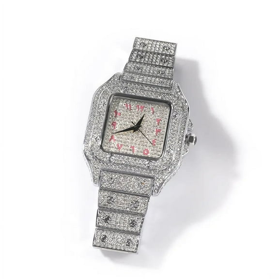 Mens White Gold Finish Simulated Diamond Stainless Steel Iced Out Hip Hop Arabic Numeral Custom Square Waterproof Luxury Quartz Watch 35mm