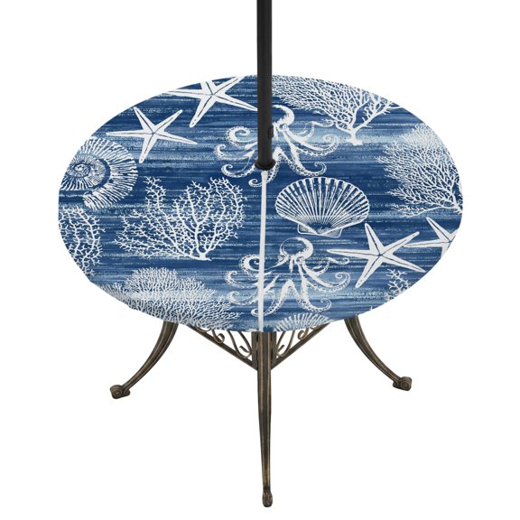 Round Outdoor Tablecloth with Umbrella Hole and Zipper, Navy Blue Coastal Tablecloth with Elastic Waterproof, Nautical Coral Starfish Shell Octopus Sea Patio Table Covers for 31" - 35" Pool Tables